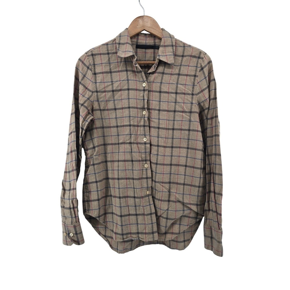 Jenni Kayne Button-Down Womens XS 683-6910-D22 Beige Plaid Herringbone EUC
